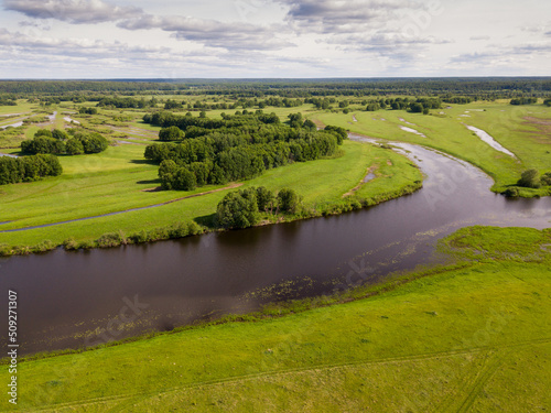 Green river meadows in floodplain of Oka River, central Russia.