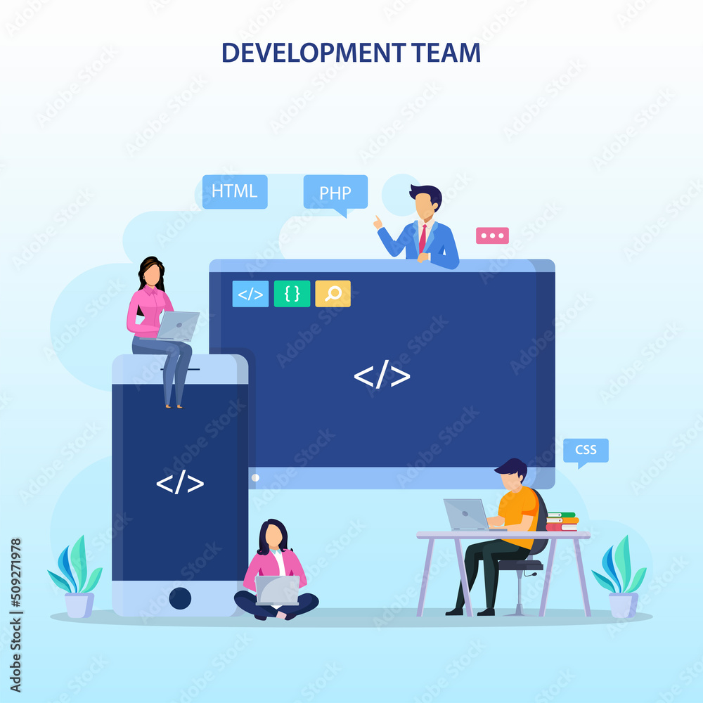Development team at work concept. Flat vector illustration Development team at work concept. Flat vector illustration