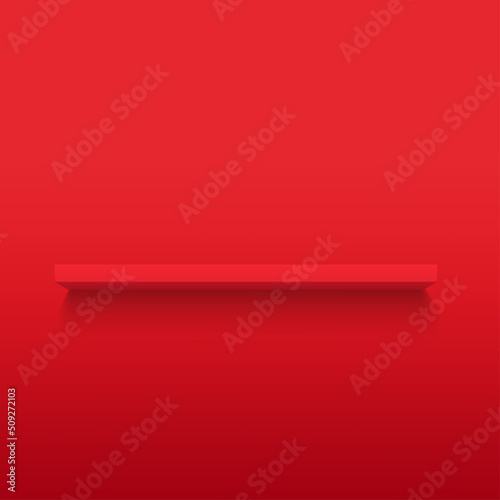 3d red wooden horizontal empty shelf. Vector