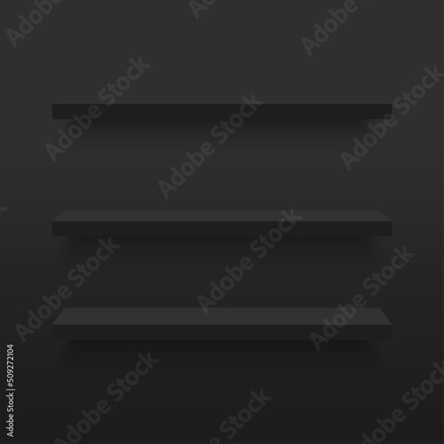 3d black wooden horizontal empty shelf. Vector