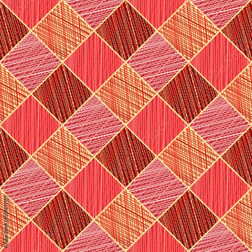 Bright seamless pattern of gold and red hatched diamonds. Abstract geometric background for textile, paper, web design