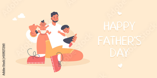 Happy Father's Day. Dad with baby kids. Son and brother. Fatherhood and paternal bonds concept. Joyful family. Single unwed parent. Vector Greeting card or poster.