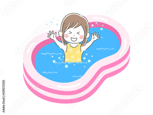 家庭用のビニールプールで遊ぶ、水着の女の子のイラスト