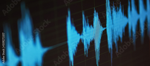 Audio specturm blue color. Recording studio. Computer screen. photo