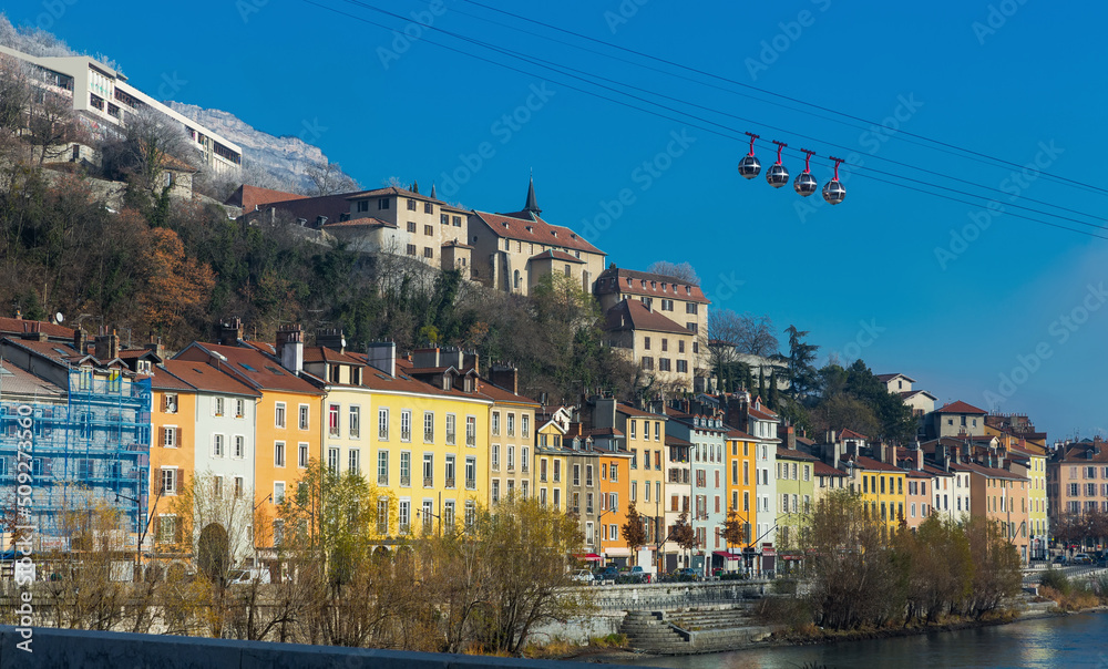 Fototapeta premium Picture of view of French Alps and Grenoble cable car in autumn, France