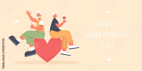 Happy Grandparents' Day. Cute trendy and modern elderly granny and grandpa sitting on the heart, drinking wine. Senior couple with grey white hair. Celebrating love. Older people actual look.