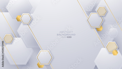 Geometric white luxury background with hexagon shape and golden lines