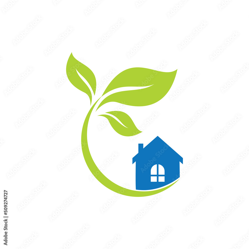 Modern green living logo, gradient color, house building and leaf vector icon.