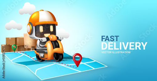 Robot delivery vector concept design. Fast delivery text with robotic rider character with boxes, map and motorcycle elements for ai shopping deliver. Vector illustration.
