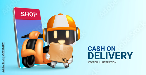 Cash on delivery shopping vector concept design. Cash on delivery text with robot delivery character, phone and motorcycle elements for cod order and shop rider. Vector illustration.

