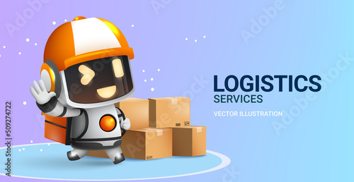 Logistics delivery vector design. Logistics services text with robot delivery mascot assistant character with boxes element for business courier. Vector illustration.
 photo