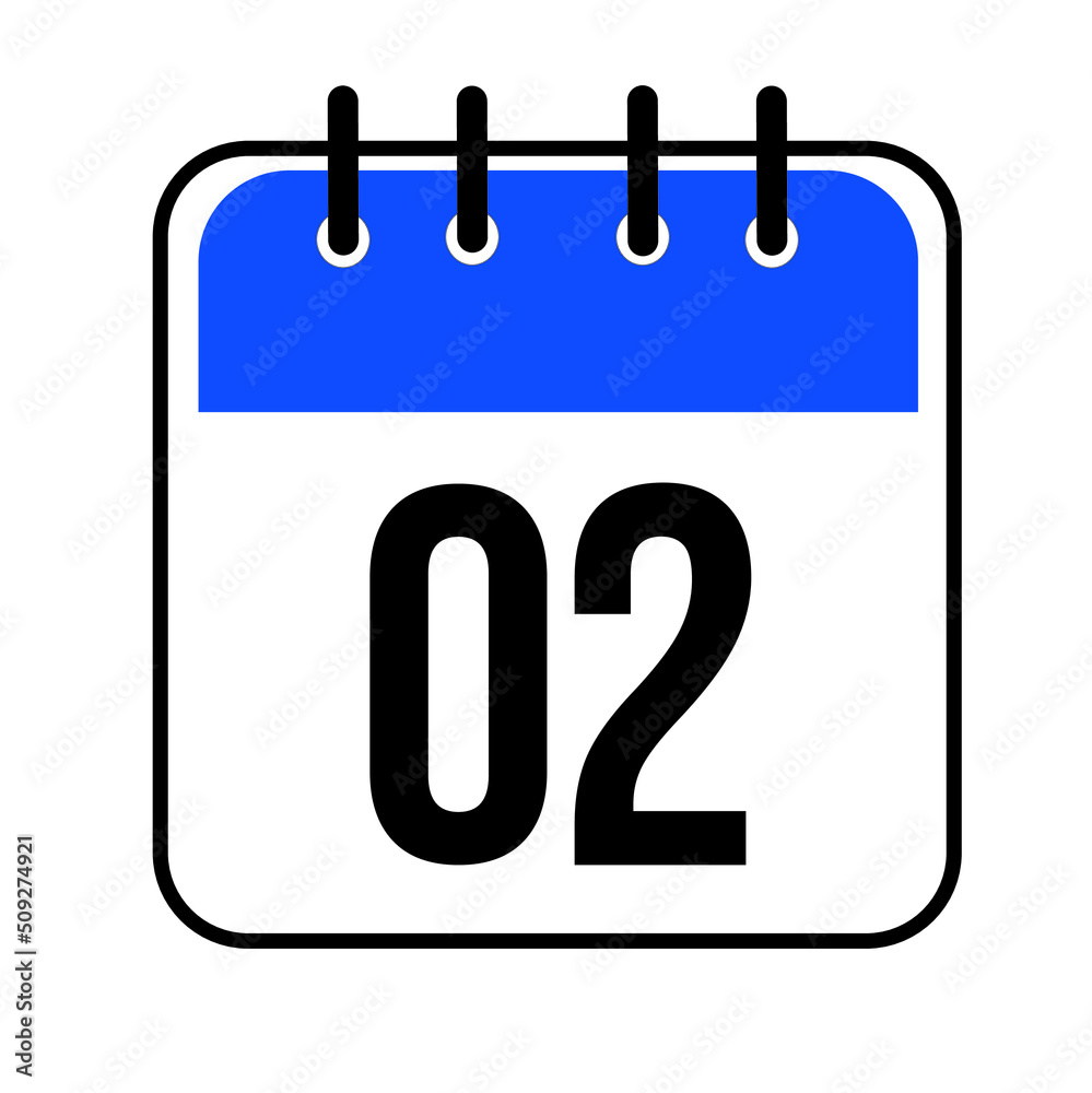 Calendar day 02. Number two on a white paper with blue border isolated on white background. Vector ilustration. Calendar day 02. Number two on a white paper with blue border isolated on white background. Vector ilustration.