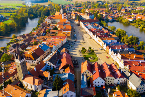Picturesque autumn cityscape of Telc overlooking historic centre with main square, Czech Republic © JackF