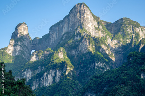 Cable cars going on top of the Tianmen mountain, Zhangjiajie, China, horizontal image with copy space for text, background, wallpaper