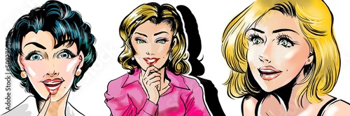 American comic book style color illustration of a group of sexy retro blondes and career women．