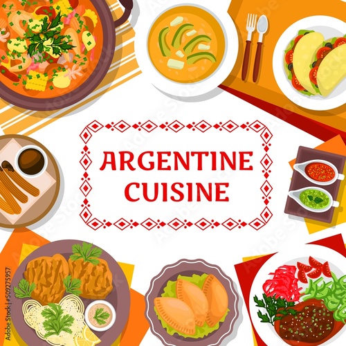 Argentine cuisine restaurant menu cover. Meat stew Guiso, meat pie Empanadas and Cookie churros, Chorizo sandwich Choripan and pork chop Milanese, veal shank Osso Buco, soup Locro,