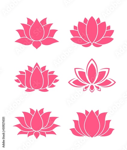 Pink lotus icons, flowers and floral blossoms. Yoga symbol in vector silhouette. Pink lotus petal buds for Asian spa or oriental ornaments decorations, religion and tattoo, Ayurveda and Zen meditation