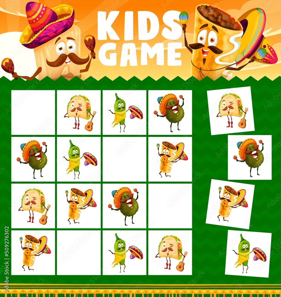 Naklejka premium Cartoon funny mexican food characters, sudoku kids game. Vector riddle with tacos, pepper, avocado and chimichanga personages with instruments on chequered board. Educational task, children boardgame
