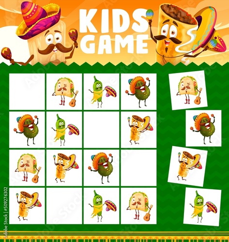Cartoon funny mexican food characters, sudoku kids game. Vector riddle with tacos, pepper, avocado and chimichanga personages with instruments on chequered board. Educational task, children boardgame