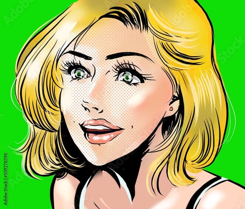 American comic book style color illustration of a sexy American smiling blonde beauty. 