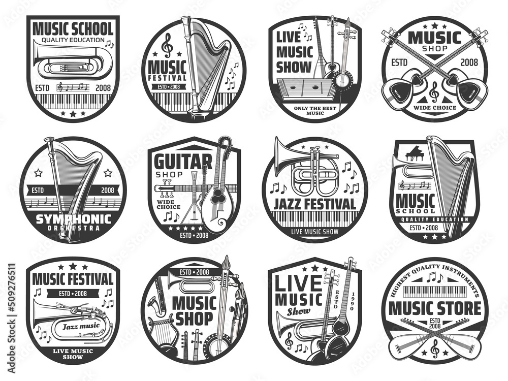 Music store icons, jazz festival and orchestra show emblem. Thin line vector euphonium, harp and tar, cymbals, kamancheh and baglama or saz, cornet, klappenhorn and lyre, saxophone, double neck guitar