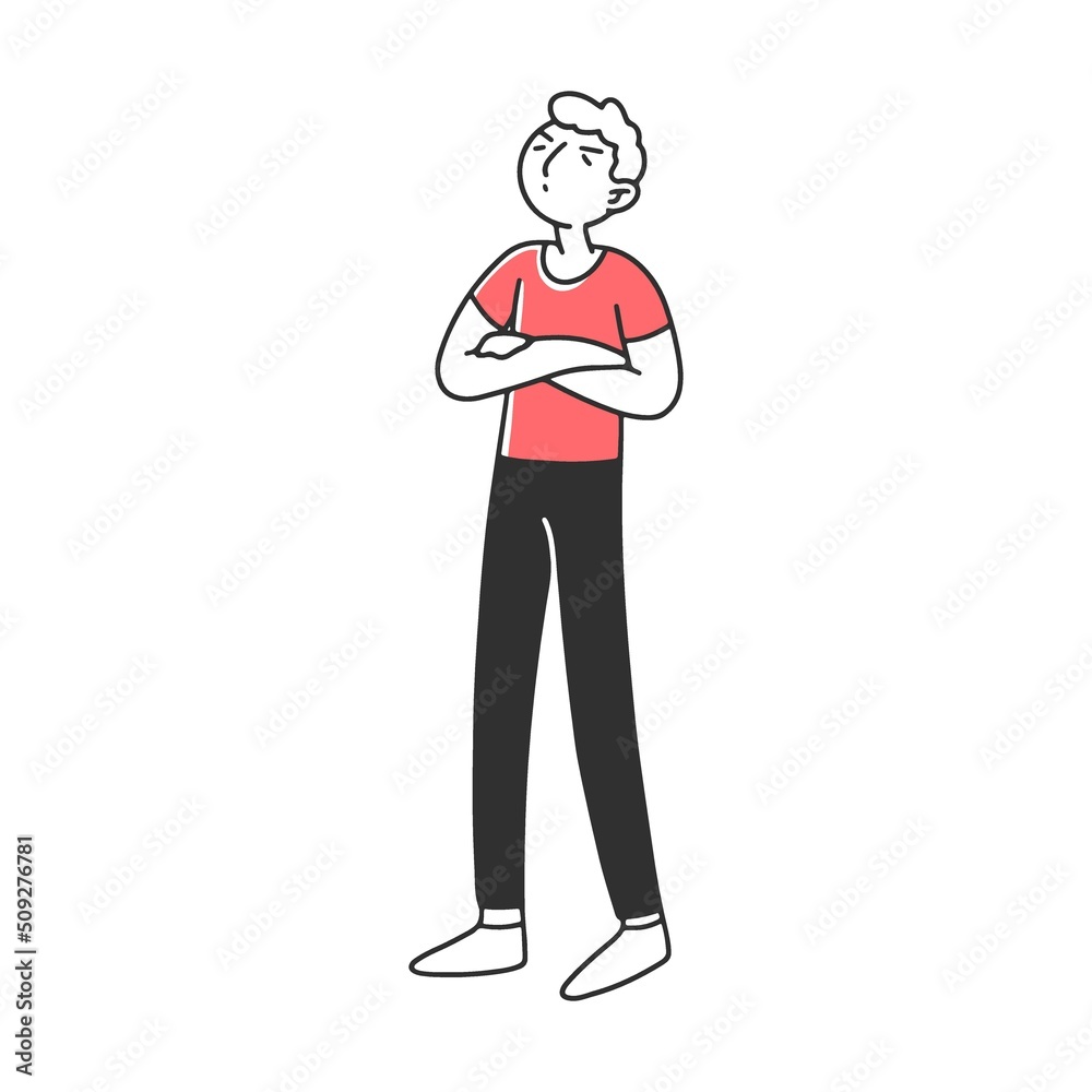 Young boy with arrogant and angry behavior flat vector illustration. Characters standing lonely in pride Young boy with arrogant and angry behavior flat vector illustration. Characters standing lonely in pride