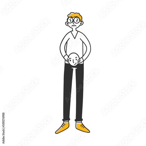 Boy covering faces with positive masks. Depressed people hiding their emotions. Vector illustration for emotion