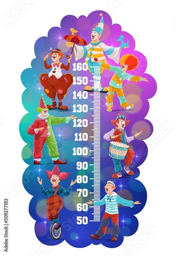 Kids height chart with chapiteau circus cartoon clowns. Kindergarten children height chart background, preschool kids vector growth measure ruler with shapito big top circus funny clown characters