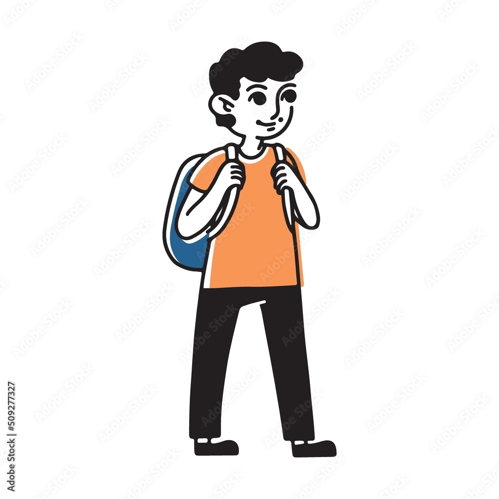 Schoolboy with backpack. People of different age. Girl, boy, adult, senior man flat vector illustration. Generation, family, relatives, life cycle concept for banner Schoolboy with backpack. People of different age. Girl, boy, adult, senior man flat vector illustration. Generation, family, relatives, life cycle concept for banner