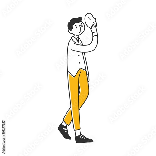 Unhappy men covering faces with positive masks. Depressed people hiding their emotions. Vector illustration for emotion