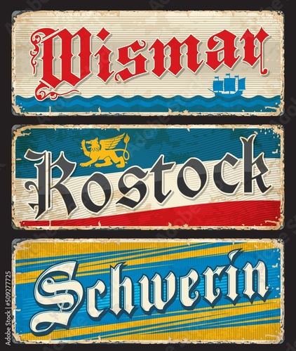 Wismar, Rostock, Schwerin German travel stickers and plates, vector luggage tags. Germany cities tin signs and grunge plates with German landmark and state symbols, emblems and flags