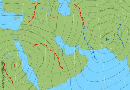 Forecast weather isobar map of Middle East, wind fronts and temperature vector diagrams. Meteorology climate and weather forecast isobar of Middle East, cyclones and atmospheric pressure chart