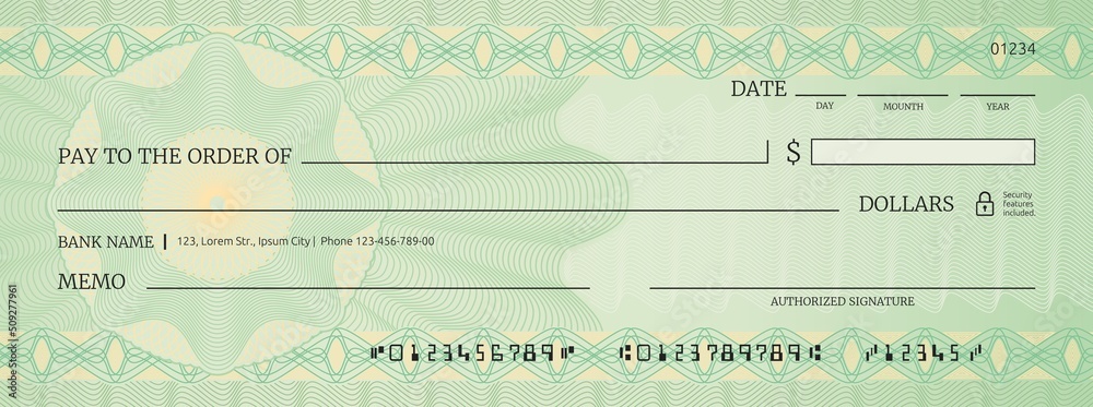 Blank bank check, checkbook cheque template with green guilloche, vector mockup. Bank payment check or money voucher and cash pay cheque certificate, dollar bill paycheck with guilloche pattern - obrazy, fototapety, plakaty 