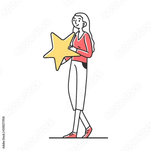 Girl holding review star flat vector illustration. People giving award for good quality and service. Excellence rating and client feedback