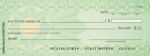 Blank bank check, checkbook cheque template with green guilloche, vector mockup. Bank payment check or money voucher and cash pay cheque certificate, dollar bill paycheck with guilloche pattern photo