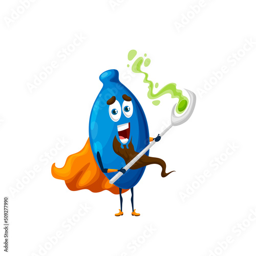 Honeyberry magician or wizard with magic staff, funny berry fruit, vector cartoon character. Honeyberry haskap as fairy tale magician or sorcerer warlock with magic wand or with stick