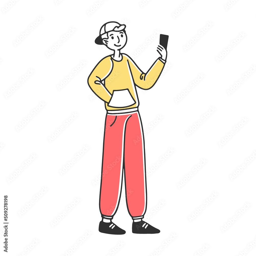 Teenager using digital devices. Mobile phone users enjoying 5G high speed wireless internet connection. Vector illustration for interaction Teenager using digital devices. Mobile phone users enjoying 5G high speed wireless internet connection. Vector illustration for interaction