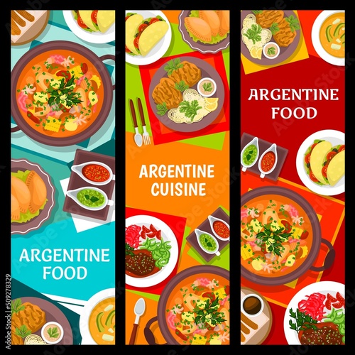 Argentine cuisine meals vertical banners. Meat pie Empanadas, veal shank Osso Buco and Chorizo sandwich Choripan, soup Locro, pork chop Milanese and meat stew Guiso, Cookie churros