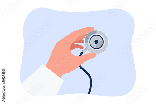Stethoscope in human hand flat vector illustration. Doctor holding auscultation tool. Medical equipment, hospital, healthcare concept for banner, website design or landing web page photo