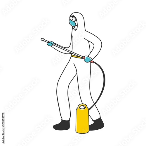 Street and public places disinfection. Men wearing protective suits spraying sanitizing chemicals and killing virus. Vector illustration for 2019-ncov