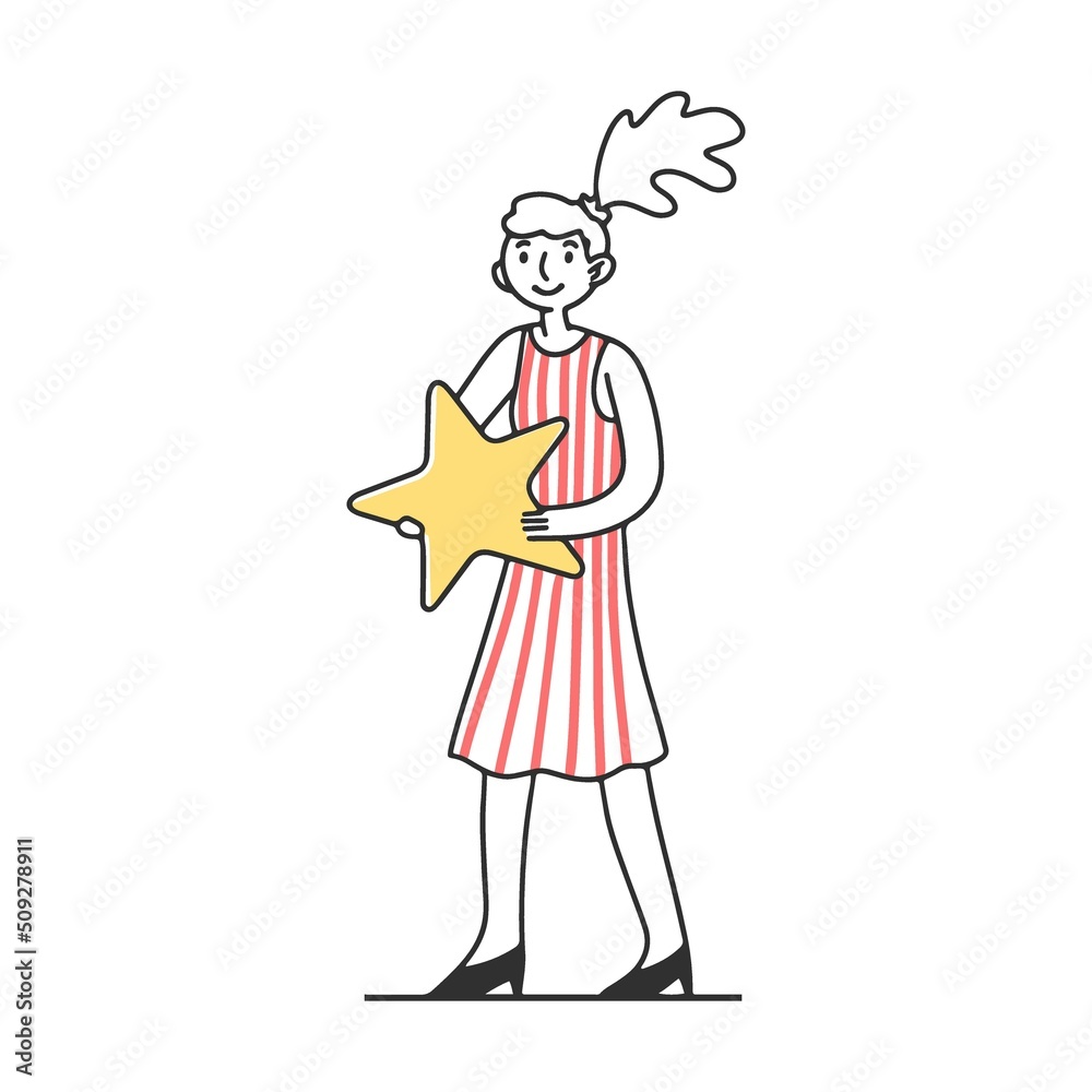 Woman holding review star flat vector illustration. People giving award for good quality and service. Excellence rating and client feedback Woman holding review star flat vector illustration. People giving award for good quality and service. Excellence rating and client feedback