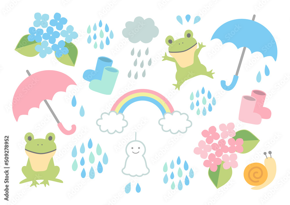 Naklejka premium 梅雨の季節のイラストセット
