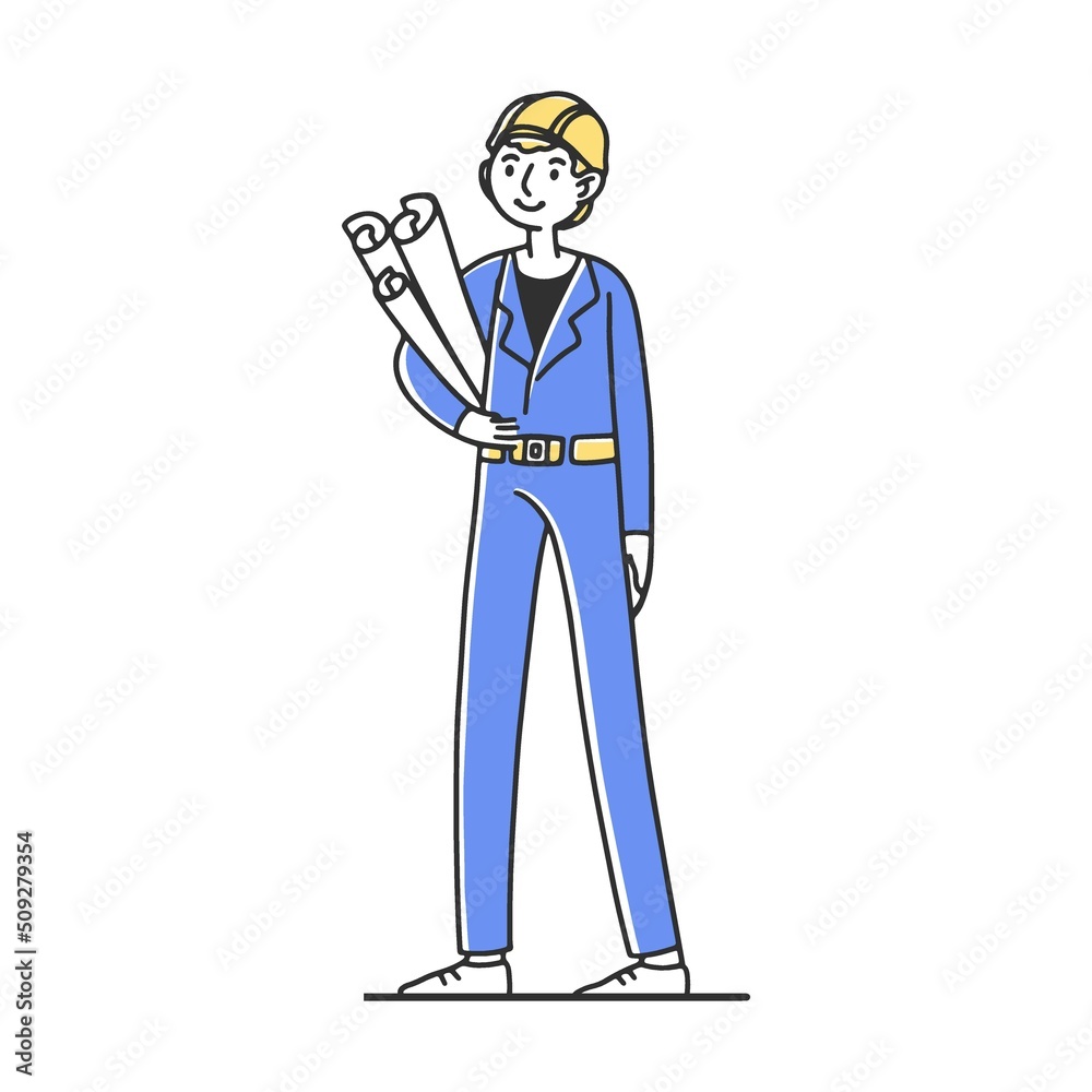 Experienced architect on construction site. Painter, engineer, foreman in helmets holding tools. Vector illustration for teamwork Experienced architect on construction site. Painter, engineer, foreman in helmets holding tools. Vector illustration for teamwork