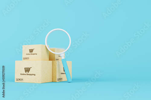 Online shopping concept. Web or mobile application ecommerce. Magnifying glass and carton paper box on light blue background. 3d rendering