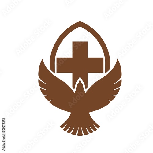 Christianity religion icon with dove, church and cross. Christian community or mission vector emblem. Christian confession or church sign with Holy Spirit bird silhouette symbol