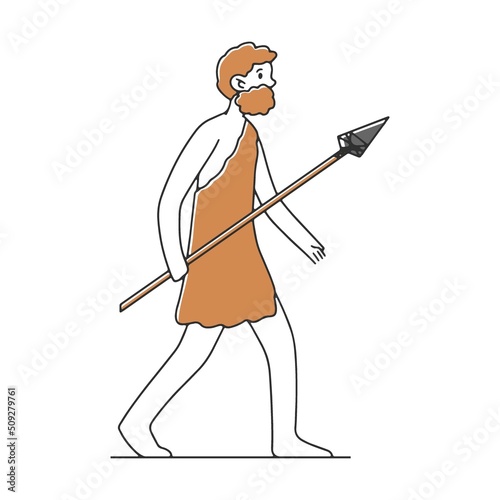 Ancient man with spear in hand. flat vector illustration. Humankind progress from caveman as ancestor. Human evolution theory Anthropology concept