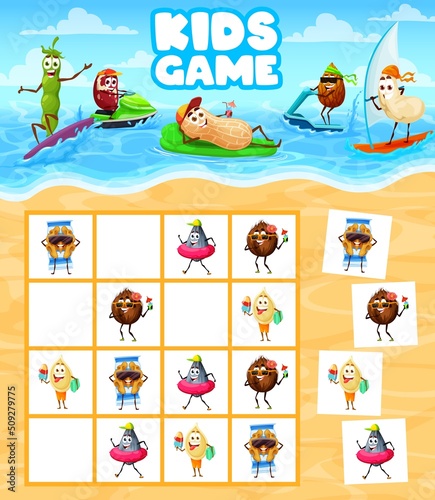 Sudoku kids game, funny nut characters on summer beach, vector puzzle worksheet. Sudoku riddle grid to find and match cartoon coconut, peanut with bean, hazelnut and walnut nuts on summer vacation