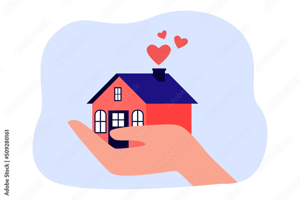 Hand holding tiny house with red comic hearts. Person selling or buying property flat vector illustration. Real estate, mortgage, investment concept for banner, website design or landing web page