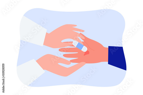 Doctor putting plaster on wound flat vector illustration. Therapist treating patient. Healthcare, medicine, hospital concept for banner, website design or landing web page