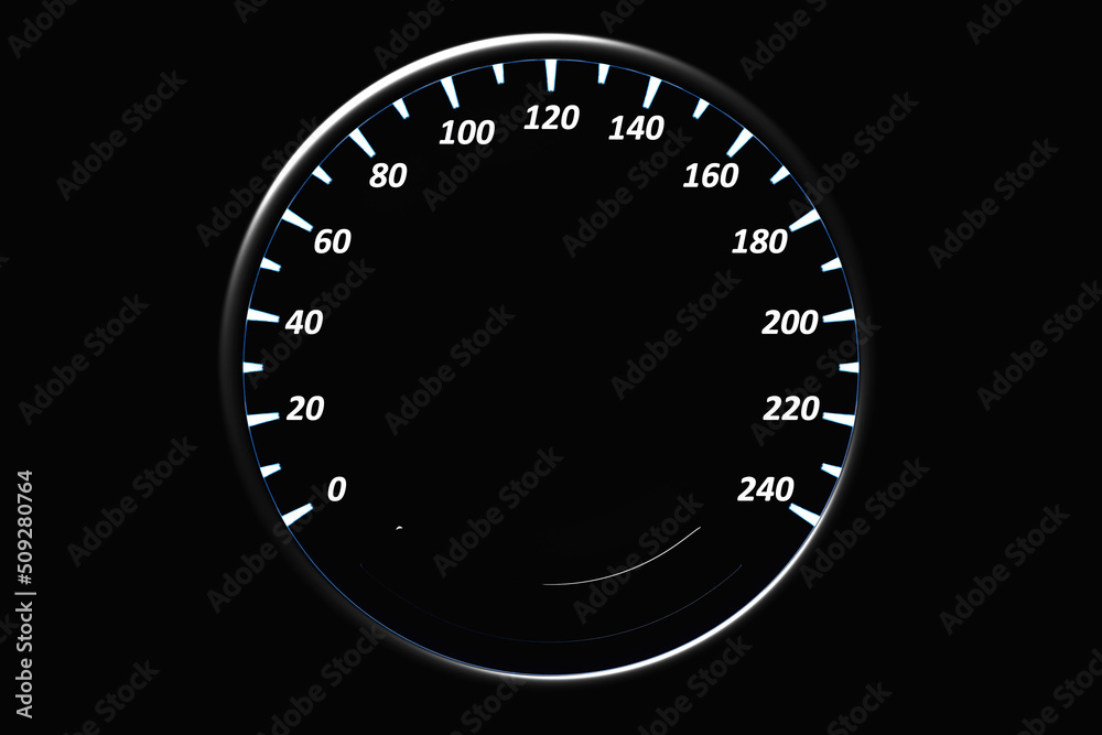 3D illustration of the dashboard of the car is illuminated by white  illumination. Circle speedometer